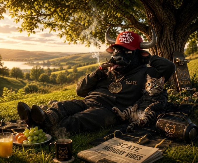A relaxed bull wearing a red "MAKE AMERICA BULLISH AGAIN" cap smokes a cigar while lounging under a tree beside a cat, surrounded by branded items reading "SCATE" including a newspaper headlined "SCATE: MONDAY VIBES," a mug, and a boombox—all reinforcing the laid-back meme "gCATE" vibe.