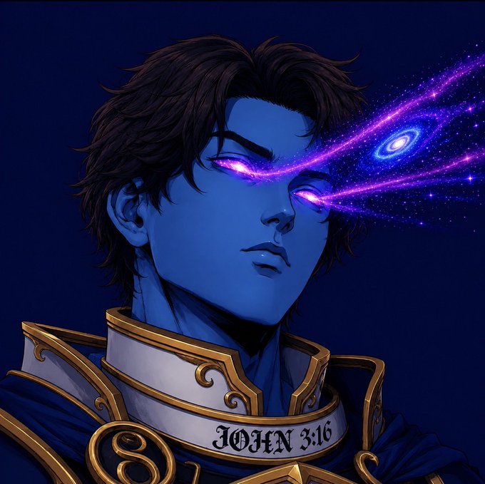 A digital illustration of a blue-skinned character with glowing purple eyes emitting cosmic energy, wearing golden armor with the text 'JOHN 3:16' inscribed on it.