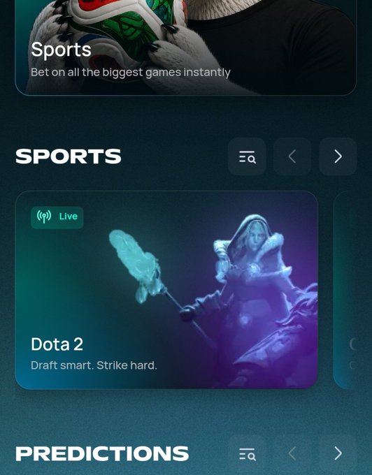 A mobile app interface displaying a 'Sports' section with text 'Bet on all the biggest games instantly' and a 'Dota 2' card labeled 'Live' with the tagline 'Draft smart. Strike hard.' above a 'PREDICTIONS' section.