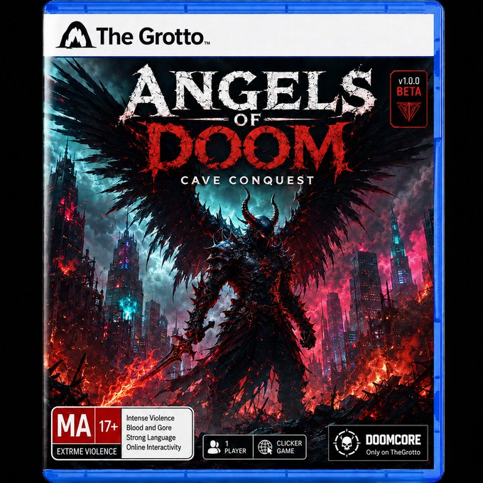 Blu-ray case cover for 'Angels of Doom: Cave Conquest' by The Grotto, marked v1.0 Beta, rated MA 17+ for extreme violence, with Doomcore branding and 1 player / clicker game labels.