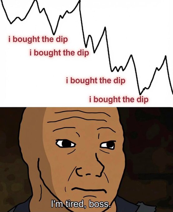 A "I'm tired, boss" wojak meme paired with a crashing line chart repeatedly captioned "i bought the dip," humorously portraying an exhausted crypto investor begging Vitalik Buterin to rescue ETH after suffering relentless losses from buying every dip on the way down.