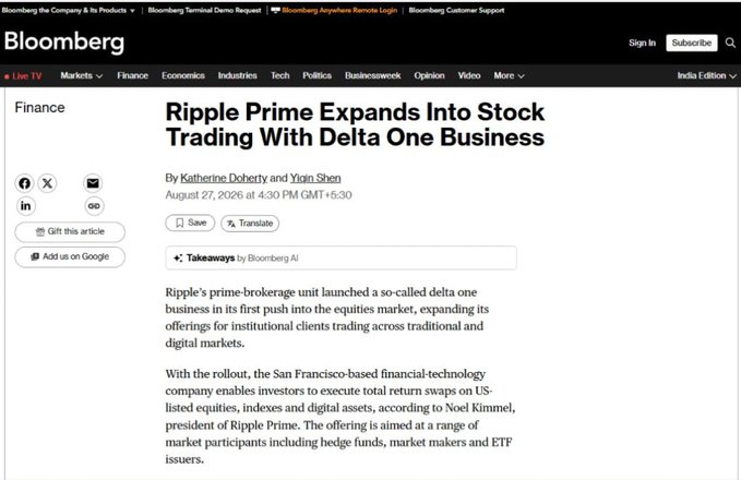 A Bloomberg Finance article dated August 27, 2026, headlined "Ripple Prime Expands Into Stock Trading With Delta One Business," authored by Katherine Doherty and Yiqin Shen, detailing Ripple's launch of a delta one unit enabling institutional clients to trade total return swaps across US-listed equities, indexes, and digital assets.