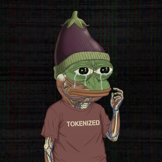 A Pepe the Frog NFT illustration showing the crying character wearing an eggplant hat and a maroon t-shirt that reads 'TOKENIZED'.