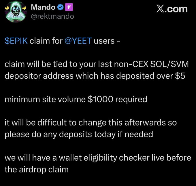 A tweet from Mando (@rektmando) explaining the $EPIK claim process for @YEET users, including requirements of $5+ non-CEX SOL/SVM deposits and $1000 minimum site volume.