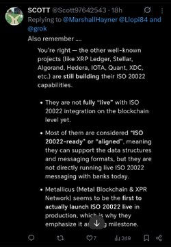 The image is a Twitter post by an influencer who has tagged a particular post with their handle @scott. The post mentions a new development or release related to "ISO20022" capabilities, which appears to be in the realm of blockchain technology. The post features several sentences that discuss XRPL, Stellar, Algorand, Hedera, Iota, Quant, and XDC, along with some text about metallicus being interesting at the moment, XRPL, and the release of ISO20022 capabilities.