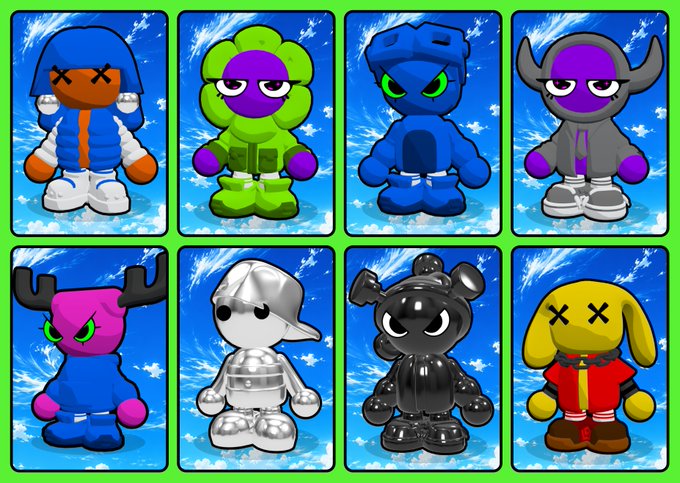A grid of eight stylized cartoon characters in various designs including a flower creature, a horned figure, and characters with X-shaped eyes against blue sky backgrounds.