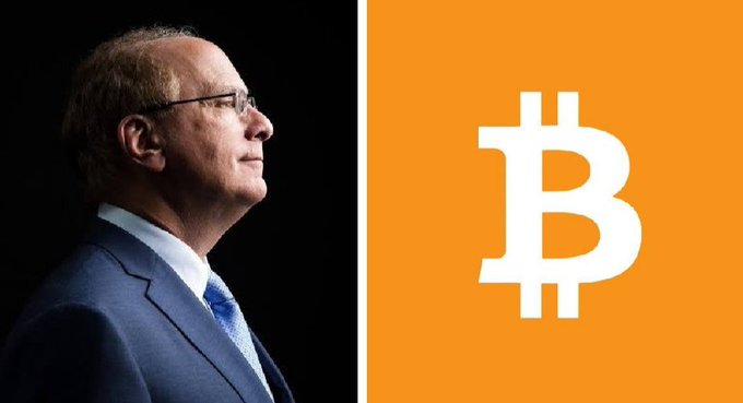 A side profile of BlackRock CEO Larry Fink appears alongside the Bitcoin ₿ logo on an orange background, visually reinforcing his comments on Bitcoin's limited 21 million supply meeting surging millionaire demand. The split composition juxtaposes the Wall Street heavyweight with the cryptocurrency symbol to underscore the supply-demand dynamic he highlighted.