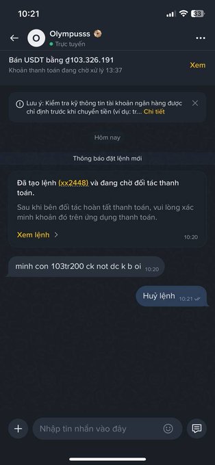 A Telegram chat screenshot with Olympuss showing a transaction of $103,326.191, indicating the order is in progress, with subsequent messages in Vietnamese.