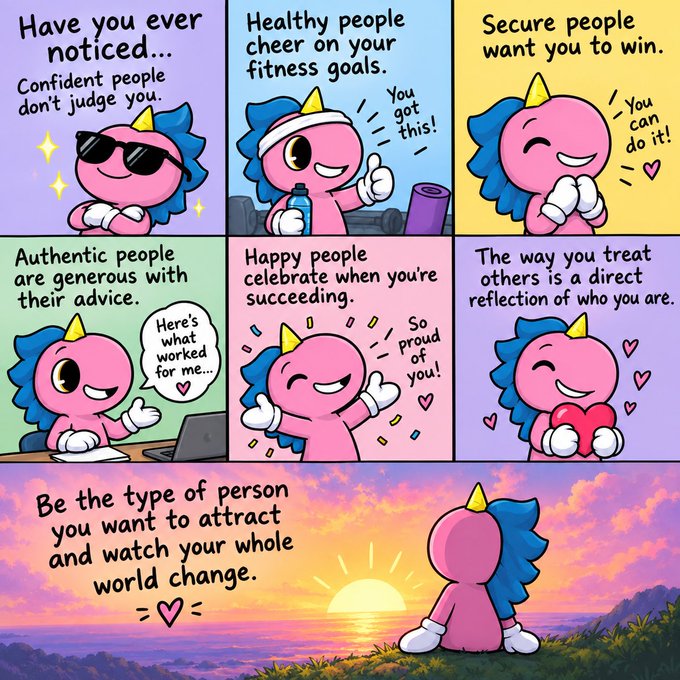 A colorful comic-style image featuring a pink unicorn character presenting six inspirational panels with messages like "Confident people don't judge you," "Healthy people cheer on your fitness goals," and "Happy people celebrate when you're succeeding," concluding with "Be the type of person you want to attract and watch your whole world change" as the unicorn watches a sunset.

The image visually reinforces the post's message about personal character and how one's treatment of others reflects who they truly are, using the unicorn mascot to symbolize the type of positive, secure, and authentic person the $UFD community aspires to be.