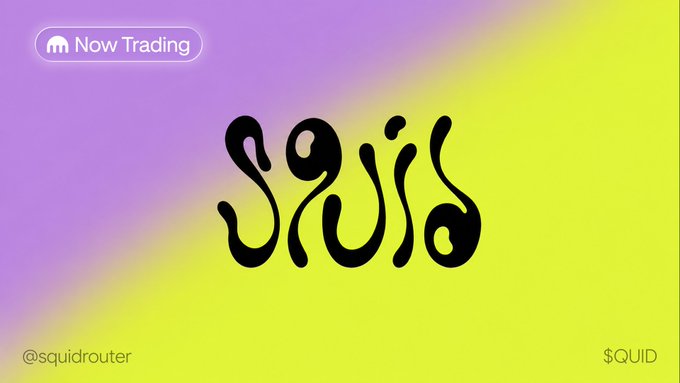A graphic with a pink-to-yellow gradient background displaying the word 'squid' in black squiggly text, with a 'Now Trading' badge and the ticker '$SQUID'.