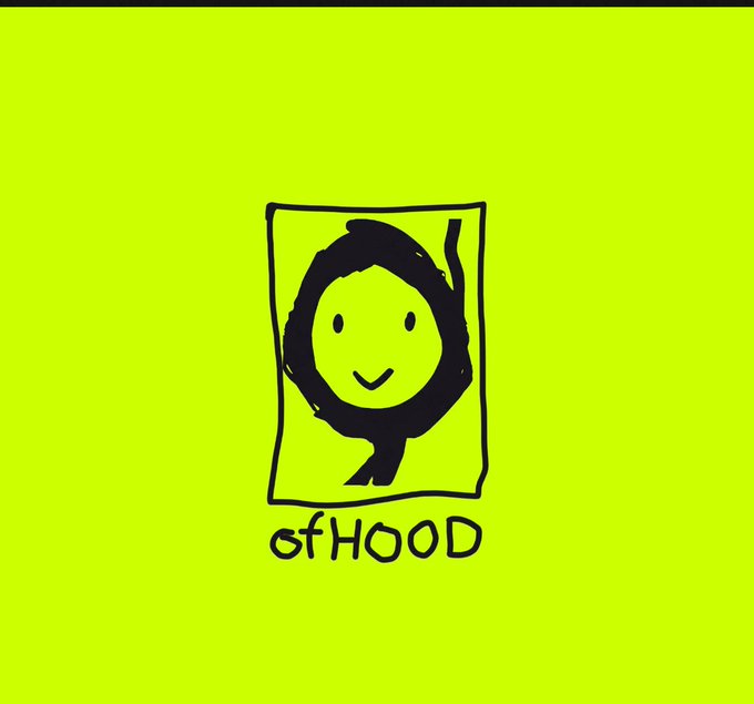 A simple hand-drawn doodle of a smiley face inside a frame with the text 'ofHOOD' on a bright neon yellow background.