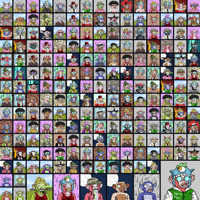 A grid displays a large collection of colorful, cartoon-style NFT character portraits featuring various unique creatures and humanoid figures with exaggerated features, and the text "FUQ IS FUEL" appears on the green shirt of a prominent character in the bottom right corner, aligning with the collector's enthusiastic showcase of their diverse Apex NFT holdings.