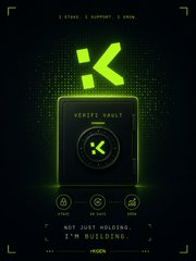 A green-themed app promotional graphic featuring a vault and text including 'VENOM VAULT' and 'NOT JUST HOLDING. I'M BUILDING.'