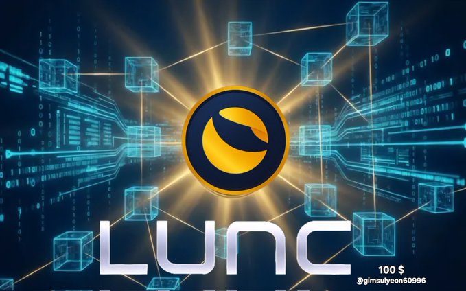 A Luna cryptocurrency promotional graphic featuring the LUNC logo with a yellow bird emblem on a dark background with glowing blockchain cubes and digital code elements, tagged '@gimsulyeon060996' with $100.