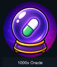 A purple crystal ball icon with a green and white pill capsule inside, sitting on a gold base, labeled "1000x Oracle" — visually representing the bold prediction of 1000x returns in crypto/trading circles.