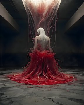 A haunting digital artwork showing a pale, white-haired figure viewed from behind, draped in flowing red tendrils that cascade down onto a concrete floor in a dark industrial space.
