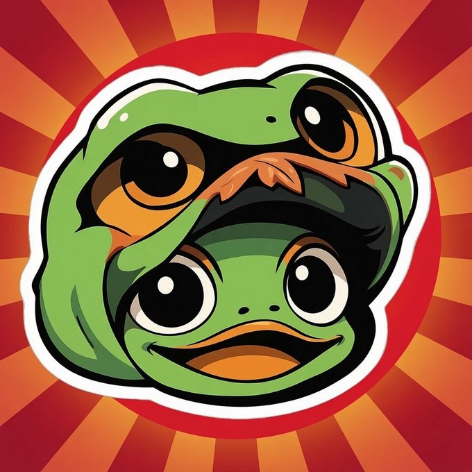 A stylized cartoon illustration of two green frogs with large eyes on a red and orange sunburst background.