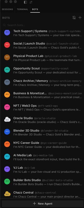 A screenshot of a dark-themed app interface called 'BOTS' listing various AI agents including Tech Support, Social Launch Studio, Physical Product Lab, Opportunity Scout, NFT/Web3 Ops, and Chazz Central, with a 'New Agent' button at the bottom.