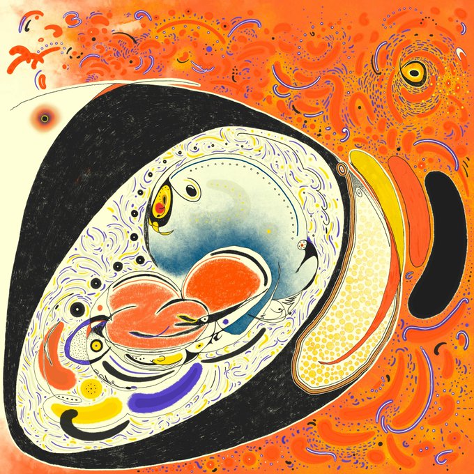 A vibrant abstract artwork featuring organic, eye-like shapes in orange, black, blue, and white with intricate patterns and decorative motifs.