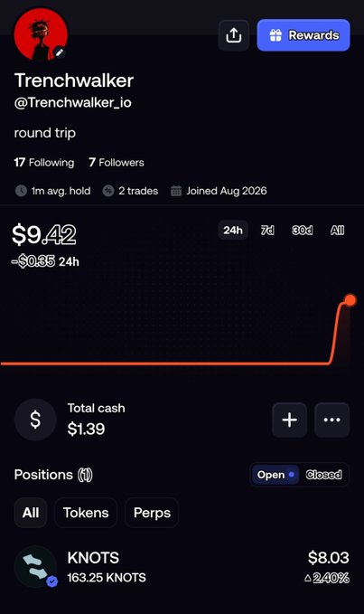 A Hyperliquid profile for trader 'Trenchwalker' (@Trenchwalker_lo) showing an account value of $9.42, down $0.86, with $1.39 total cash and an open position in KNOTS at $8.03 (+2.40%).