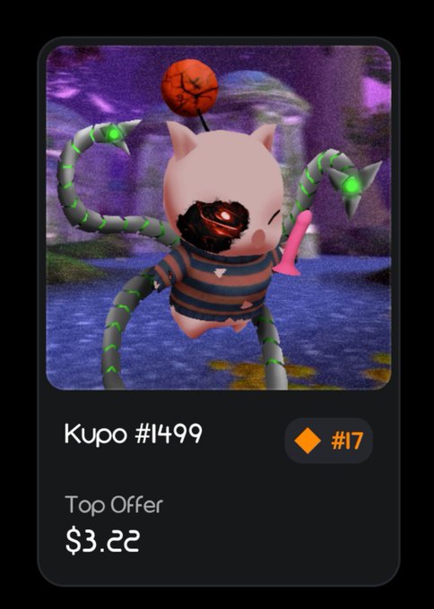 A digital collectible card displays a 3D character called 'Kupo #1499'—a pink cat-like figure with mechanical tentacles and a basketball—listed at rank #17 with a 'Top Offer' of $3.22.
