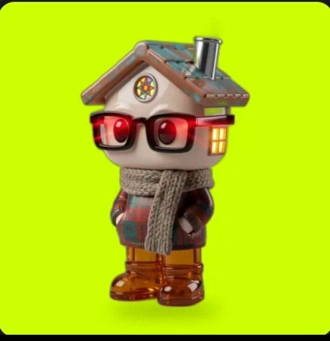 A 3D rendered toy-like character with a house-shaped head wearing red glasses, a plaid jacket, and a knit scarf, set against a bright green background.