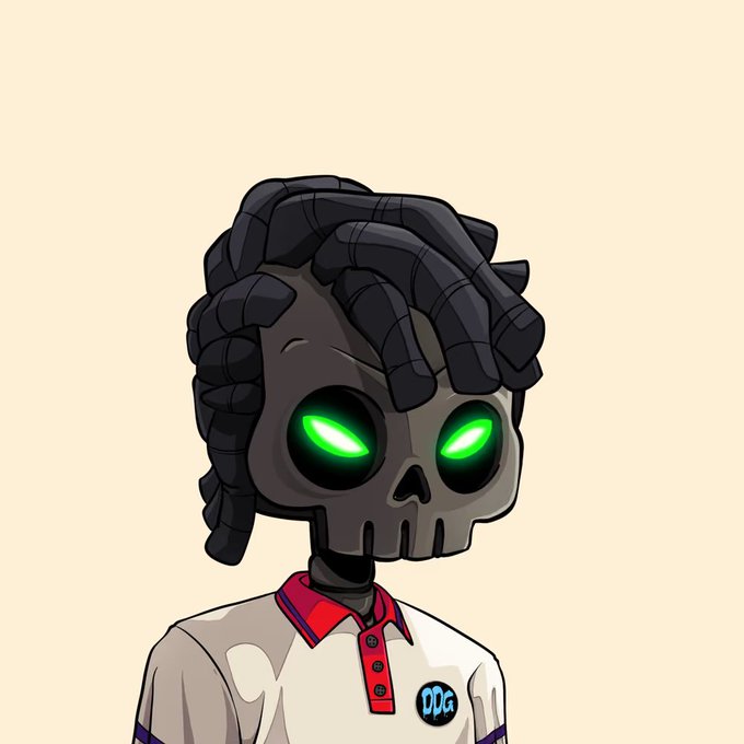 A cartoon skeleton character with dreadlocks and glowing green eyes, wearing a white polo shirt with red trim and a 'DOG' badge.
