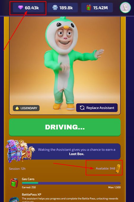 A mobile game interface featuring a penguin mascot character in a green costume labeled 'LEGENDARY' with 'DRIVING...' status, showing 60.43k purple gems, 189.8k silver coins, and a Gas Cans resource bar.