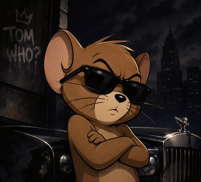 The image features Jerry from Tom and Jerry wearing sunglasses and leaning against a luxury car with a city skyline backdrop, while graffiti reading "TOM WHO?" appears on the wall behind him—perfectly capturing the poster's vibe of cool confidence and playful dismissal despite feeling exhausted.
