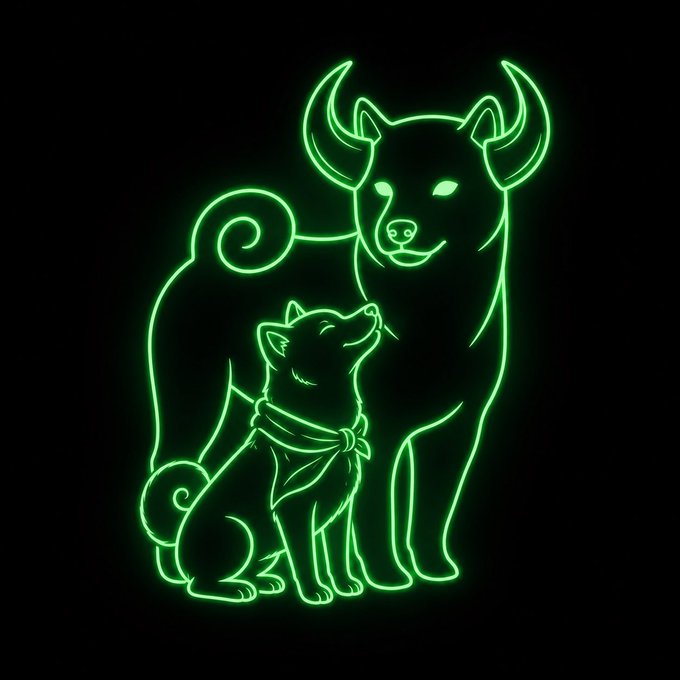 A neon green line-art illustration depicts a small cat wearing a bandana nuzzling against a larger horned dog, symbolizing the partnership between the $ANSEM and $SAN tokens referenced in the post, where each brings a complementary strength—attention and storytelling—to the collaboration.