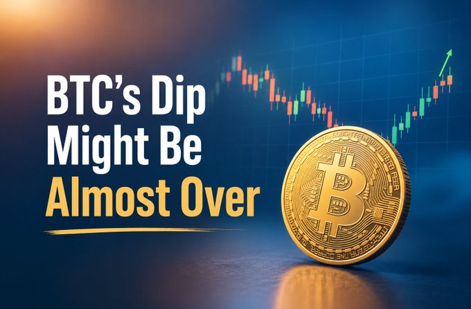 A graphic featuring a gold Bitcoin coin and a candlestick chart with the text 'BTC's Dip Might Be Almost Over'.