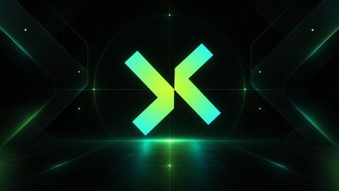 A glowing green and yellow stylized 'X' logo is displayed against a dark, futuristic background with geometric lines and a reflective floor.