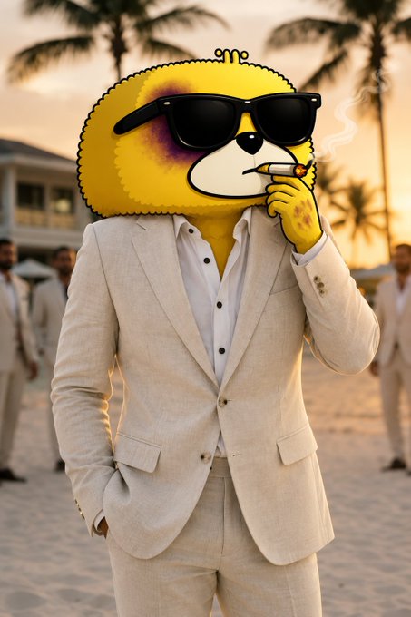 This image shows a cartoon character with a yellow head, dark sunglasses, and a purple bruise, wearing a tan linen suit and smoking a cigarette. The character's attire and the beach setting align with the post's mention of a linen suit.