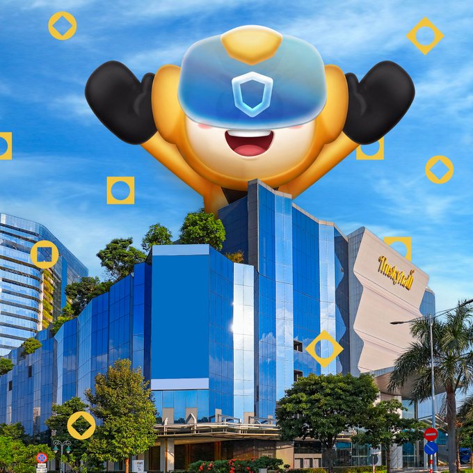 A cheerful 3D mascot wearing a blue cap floats above a modern glass building labeled "ThePARK," surrounded by floating gold diamond icons—fitting the post's Sunday venue scouting vibe.