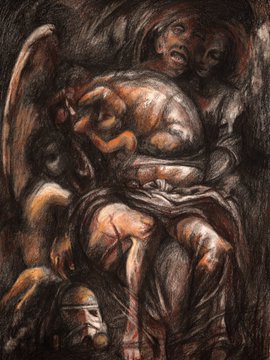 A dark, moody painting depicts a heavily shadowed figure sitting with what appears to be a small cherub or child resting on their lap.
