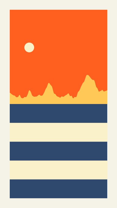 A minimalist digital illustration depicting an orange sky with a pale sun above a yellow mountain range, with the lower half consisting of horizontal navy blue and cream stripes.