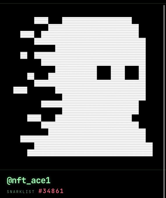 A pixel art NFT profile picture of a white ghost-like figure on a black background, with the handle "@nft_ace1" and "SNARKLIST #34861" displayed at the bottom.