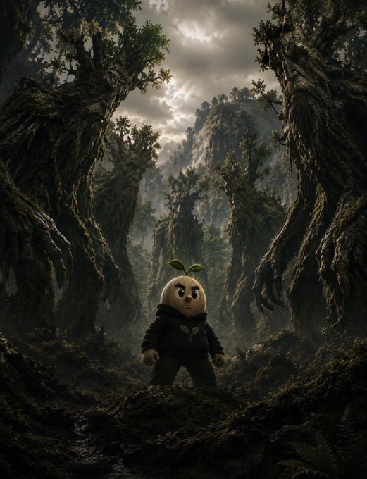 A small plant-headed character in a dark hoodie stands in a dramatic, misty forest with towering trees and mountain cliffs in the background.