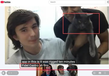 A YouTube video titled "Google" shows a man with dark hair holding a gray cat, with the cat's face highlighted in a red box, while another person stands behind them. Subtitles read "app in this is it was rigged ten minutes" and "Fidel Castro ah this," while a small webcam feed at the bottom shows a man reacting. The image humorously illustrates the post's reference to "Fidel Castro" (Fidel Catstro), showcasing the "Chief Cat at Robinhood" alongside the $CATSTRO memecoin ticker.