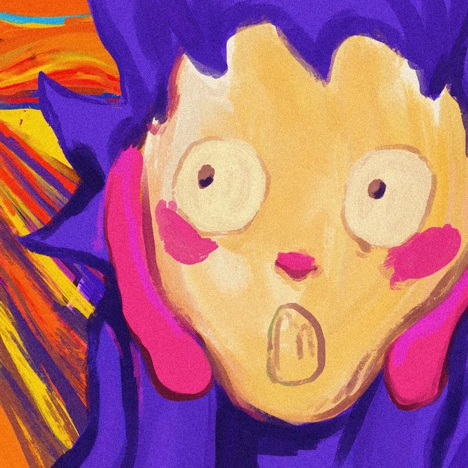 A vibrant digital illustration depicts a wide-eyed, purple-haired character with pink cheeks and an open mouth in a surprised expression, set against a colorful orange and yellow background, representing one of the cartoon-style Chog NFTs being given away in the community promotion.