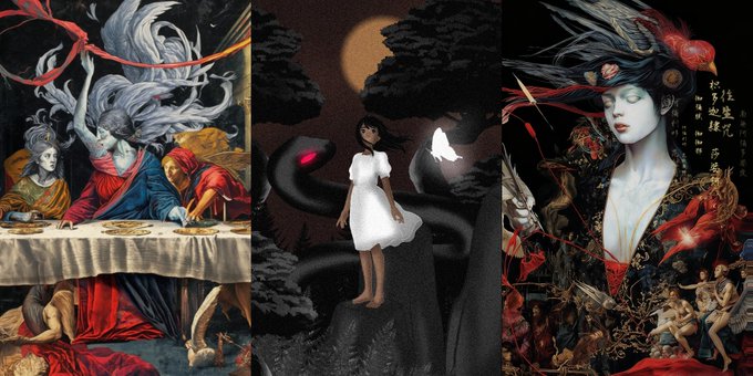 A triptych of dark fantasy artwork: a chaotic feast scene on the left, a girl in a white dress standing among shadowy tendrils and a moon in the center, and an ornate Japanese-style illustration of a pale woman with traditional text on the right.