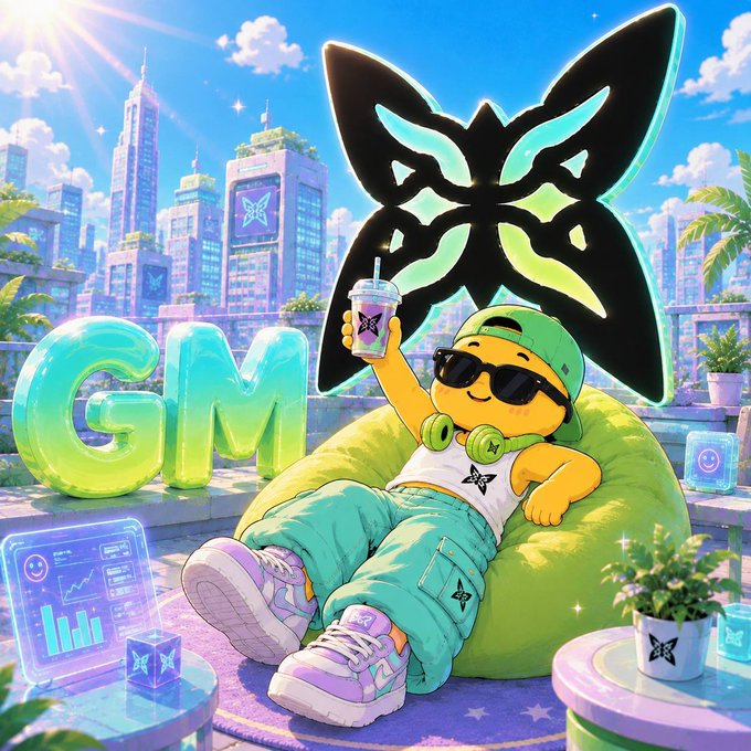 A cartoon mascot wearing sunglasses and green streetwear lounges on a beanbag holding a drink, with large 'GM' letters and a futuristic cityscape in the background.