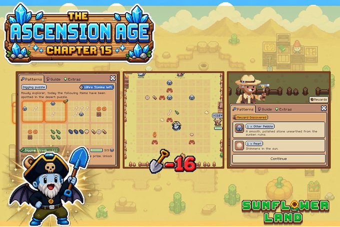A promotional graphic for 'The Ascension Age Chapter 15' game shows gameplay from Sumflwer Land, featuring a pirate bear character, puzzle elements, and mining mechanics.