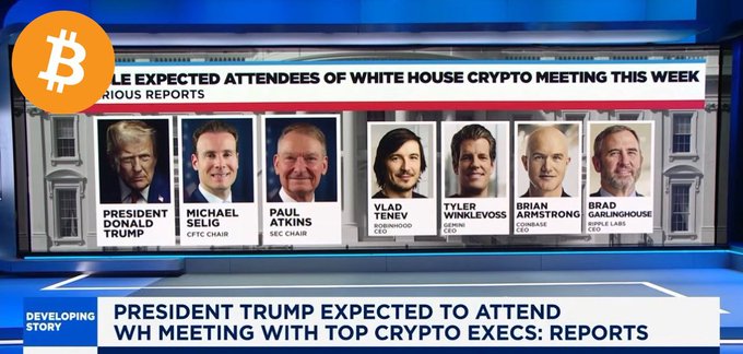 Fox Business news chyron announces "PRESIDENT TRUMP EXPECTED TO ATTEND WH MEETING WITH TOP CRYPTO EXECS: REPORTS", with attendees pictured including President Donald Trump, Michael Saylor (CFTC Chair), Paul Atkins (SEC Chair), Vlad Tenev (Robinhood CEO), Tyler Winklevoss (Gemini CEO), Brian Armstrong (Coinbase CEO), and Brad Garlinghouse (Ripple Labs CEO).