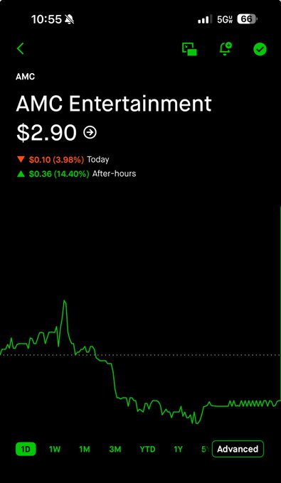 A mobile stock trading app screenshot shows AMC Entertainment stock priced at $2.90, down $0.10 (3.98%) for the day but up 14.40% in after-hours trading, with an intraday price chart on a dark background.