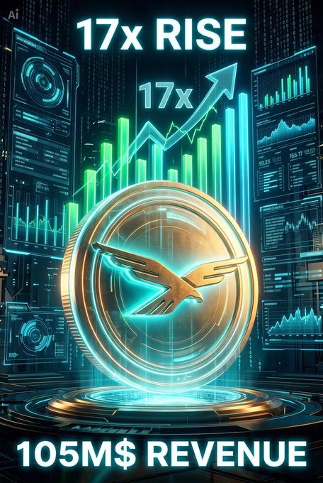 A futuristic digital graphic featuring a golden eagle emblem encircled by a glowing coin, surrounded by holographic data screens and an ascending green bar chart with arrows labeled "17x" and "17x RISE," while the bottom text reads "105M$ REVENUE" — visually highlighting World Liberty Financial's ($WLFI) 8th-place ranking and $105 million protocol revenue milestone reported by Grayscale.