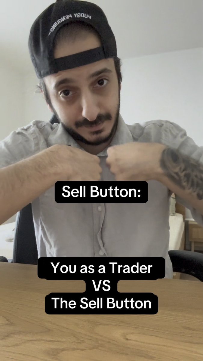 A man wearing a backwards cap holds up his fists in a fighting pose, captioned 'Sell Button: You as a Trader VS The Sell Button'.