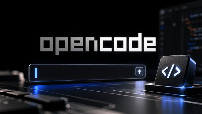 A digital graphic featuring the text "opencode" above a dark search bar with a blue cursor, alongside a keyboard key displaying the code symbol "</>", set against a dark technological background.