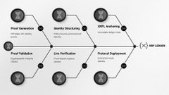 The image displays a flowchart titled "[XRPL]" outlining a six-step process—Proof Generation, Merkle Structuring, XRPL Authority, Proof Validation, Live Verification, and Protocol Settlement—connected to XRPL ledgers. It illustrates the BIS Working Paper 1374 concept of using off-chain hashing, Merkle aggregation, and XRPL memos to anchor only fingerprints rather than raw official stats, aligning directly with the post's explanation of a verifiable institutional use case for the XRP Ledger.