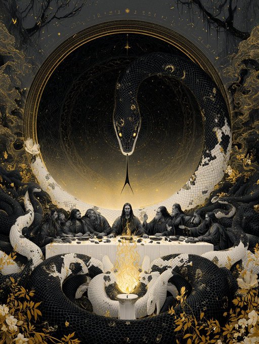 A dark surreal artwork depicting a Last Supper-style scene with figures at a long table, dominated by a massive black and white snake coiled above them, with a flaming candle in the foreground and gold accents throughout.